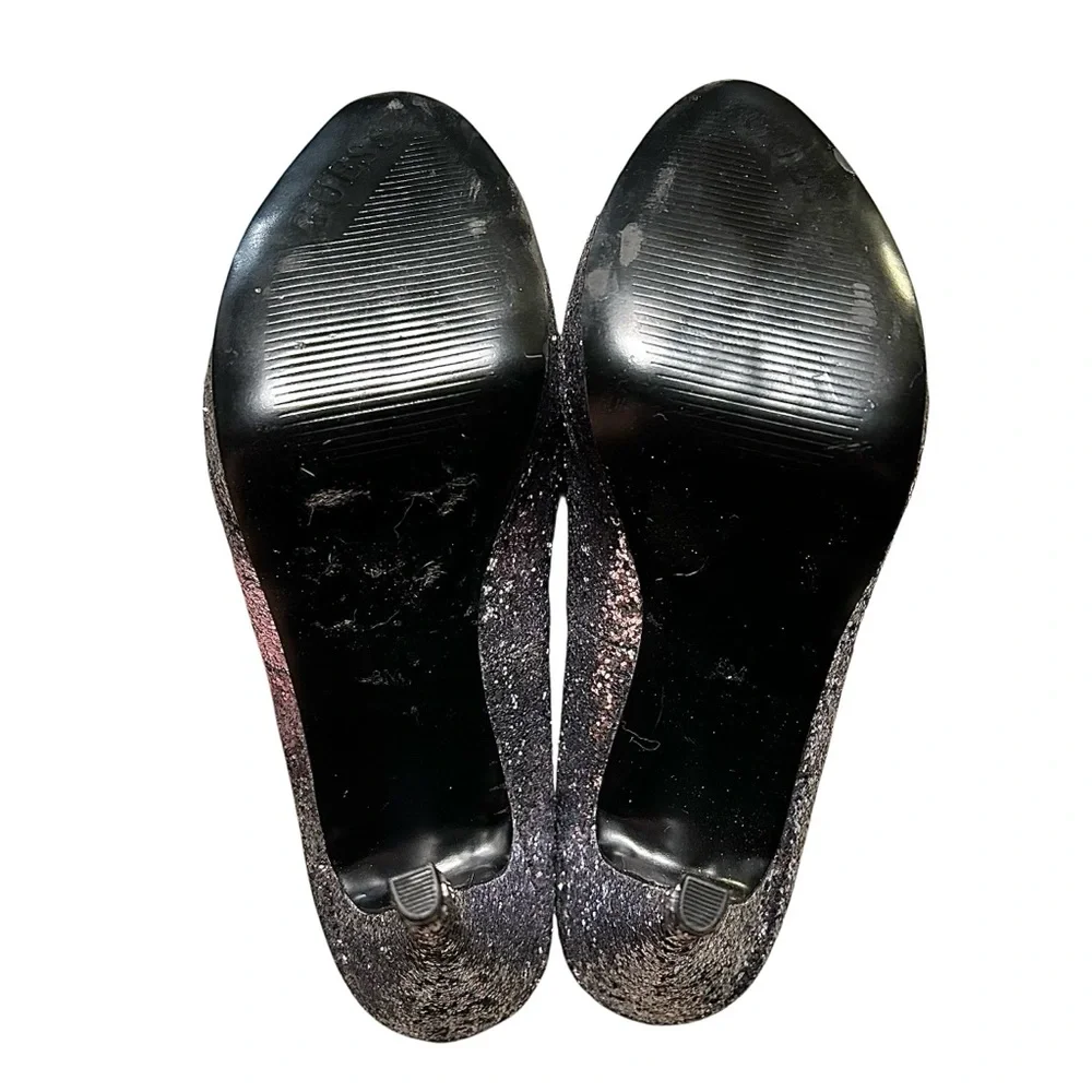 Guess Sparkling Silver Peep Toe Platform Heels Size 8